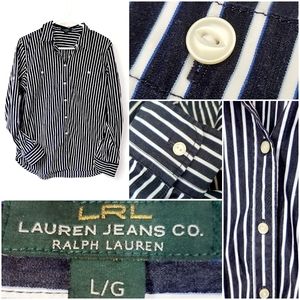 Lauren Jeans Co Button Down Blouse in Navy Blue & White Stripes